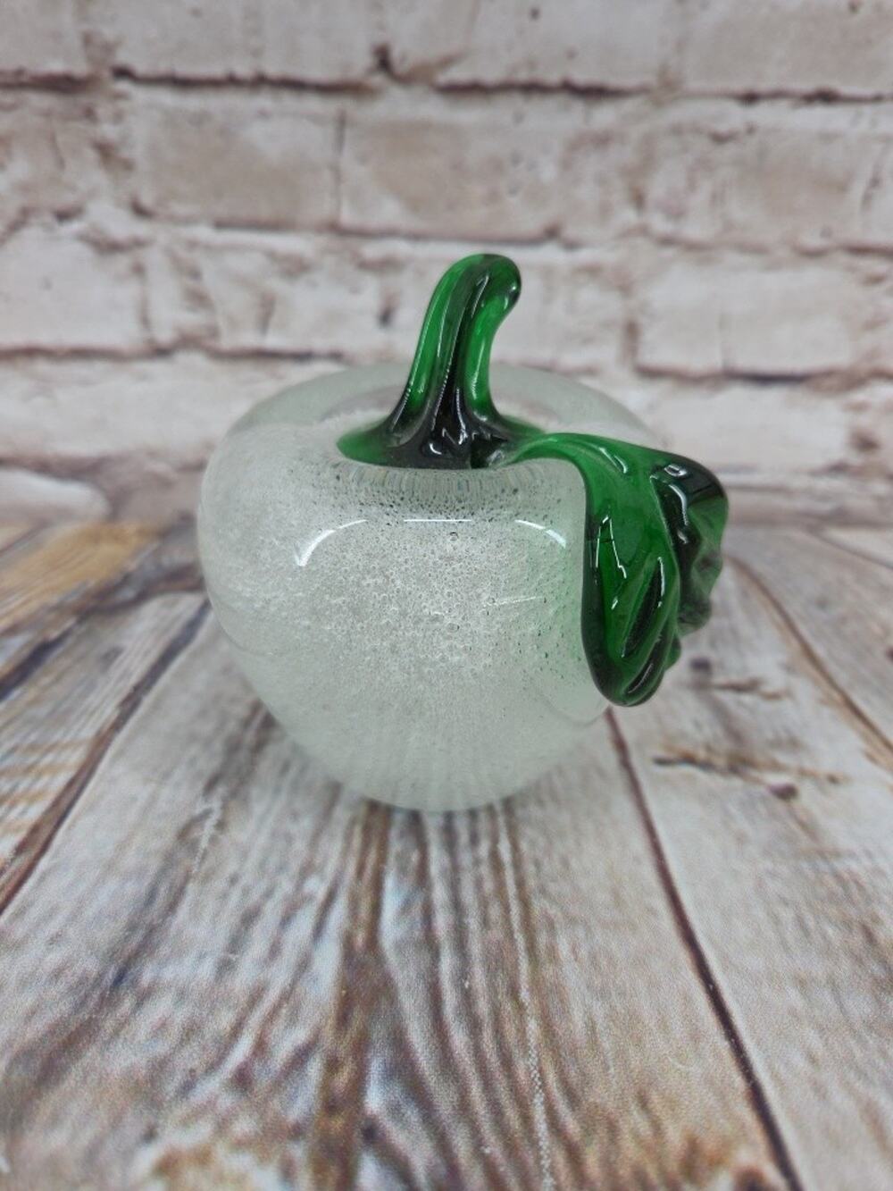 Vintage Hand Blown Art Glass Apple - Bubbles inside w/ green stem & leaf